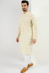 Ethnic Bay Men Cream Viscose Rayon Striped Embroidered Chikankari Straight Kurta MKU1072
