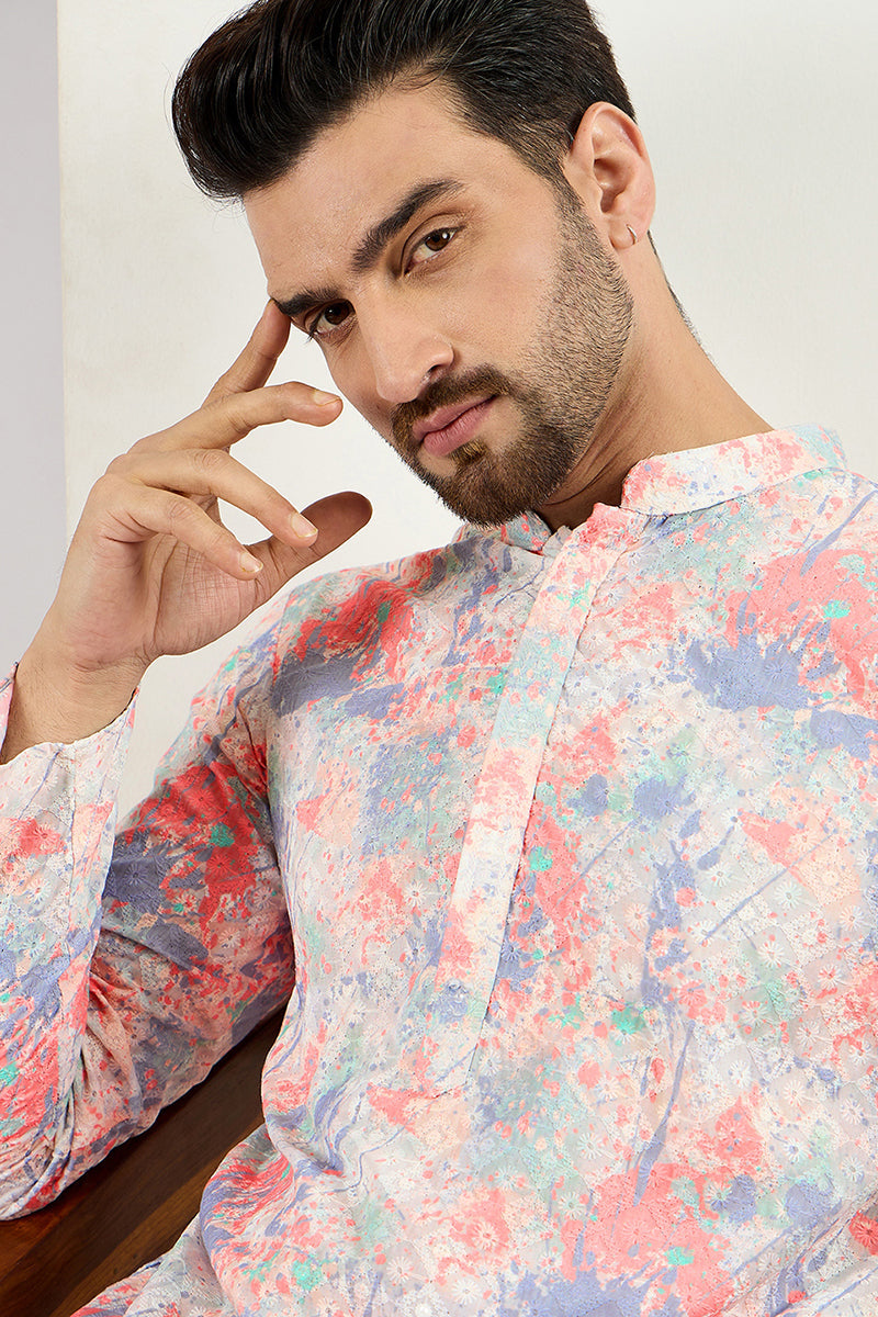 Ethnic Bay Men Off White Viscose Rayon Abstract Embroidered Chikankari Straight Kurta MKU1082
