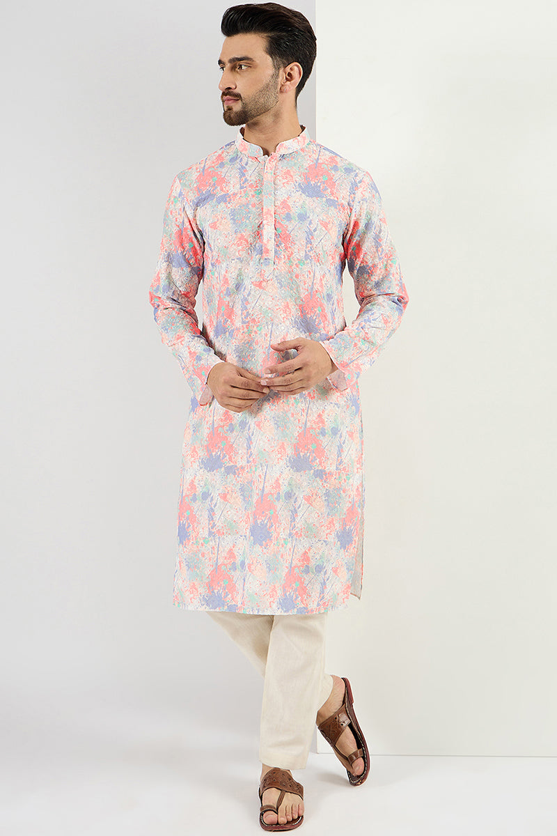 Men Off White Viscose Rayon Abstract Embroidered Chikankari