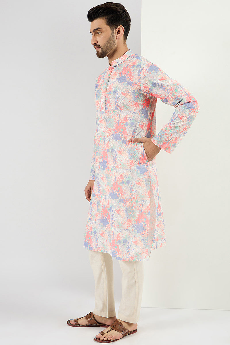  Men Off White Viscose Rayon Abstract Embroidered Chikankari
