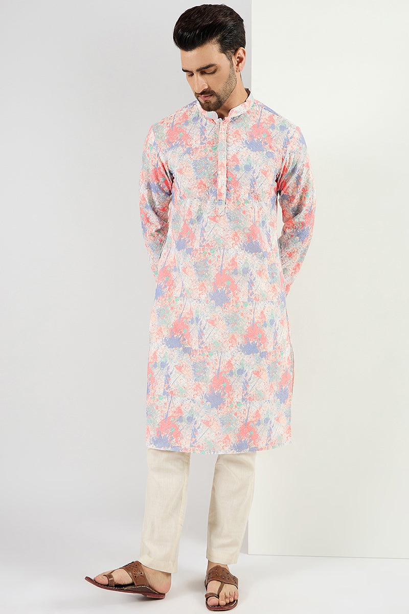  Men Off White Viscose Rayon Abstract Embroidered Chikankari