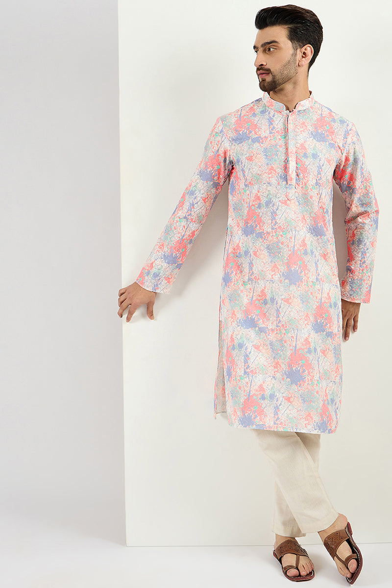  Men Off White Viscose Rayon Abstract Embroidered Chikankari