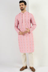 Ethnic Bay Men Peach Viscose Rayon Floral Embroidered Chikankari Straight Kurta MKU1084