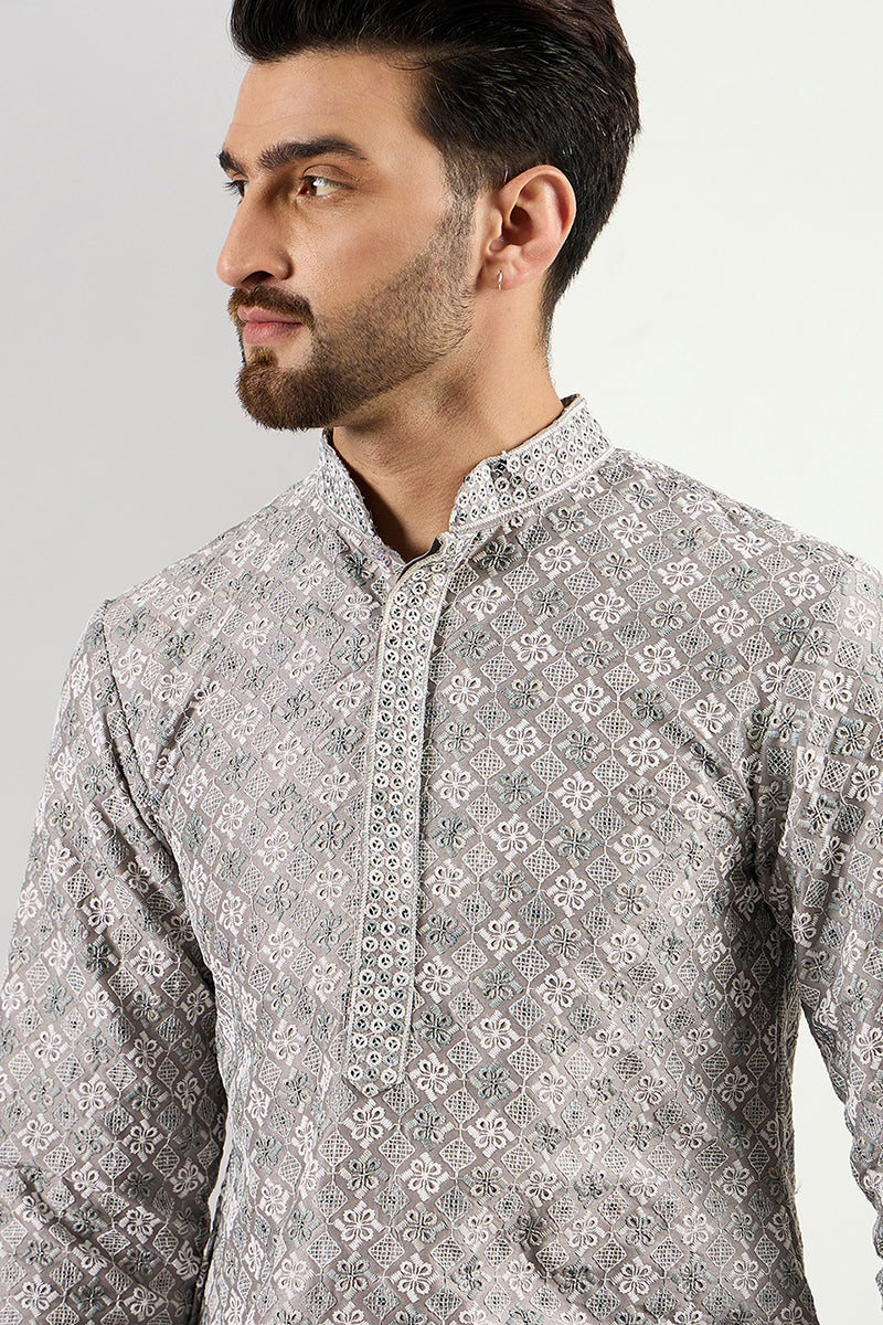  Men Grey Viscose Rayon Solid Embroidered Straight Kurta MKU