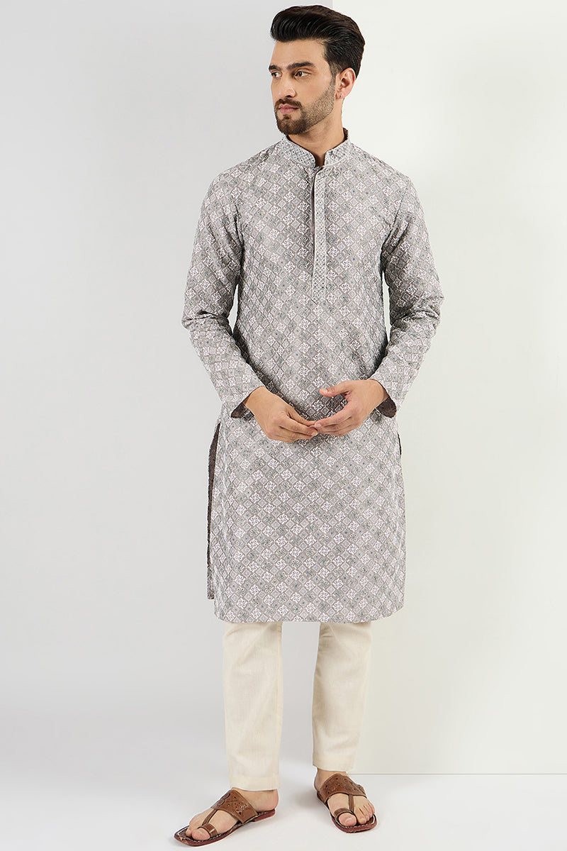  Men Grey Viscose Rayon Solid Embroidered Straight Kurta MKU