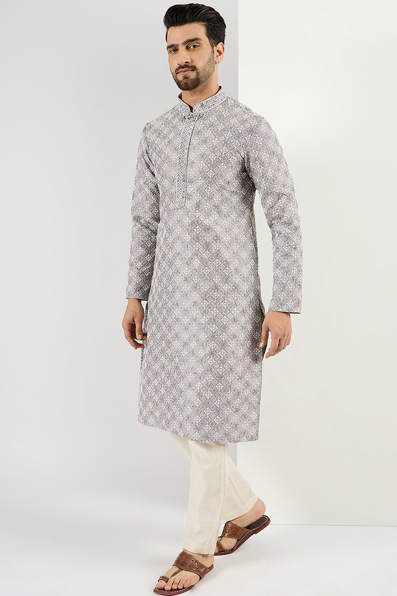  Men Grey Viscose Rayon Solid Embroidered Straight Kurta MKU