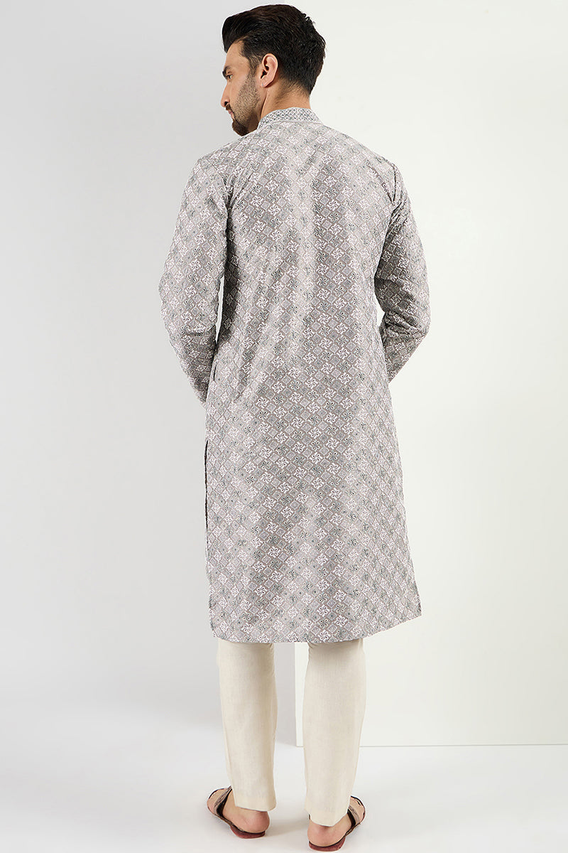  Men Grey Viscose Rayon Solid Embroidered Straight Kurta MKU