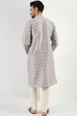 Ethnic Bay Men Grey Viscose Rayon Solid Embroidered Straight Kurta MKU1088