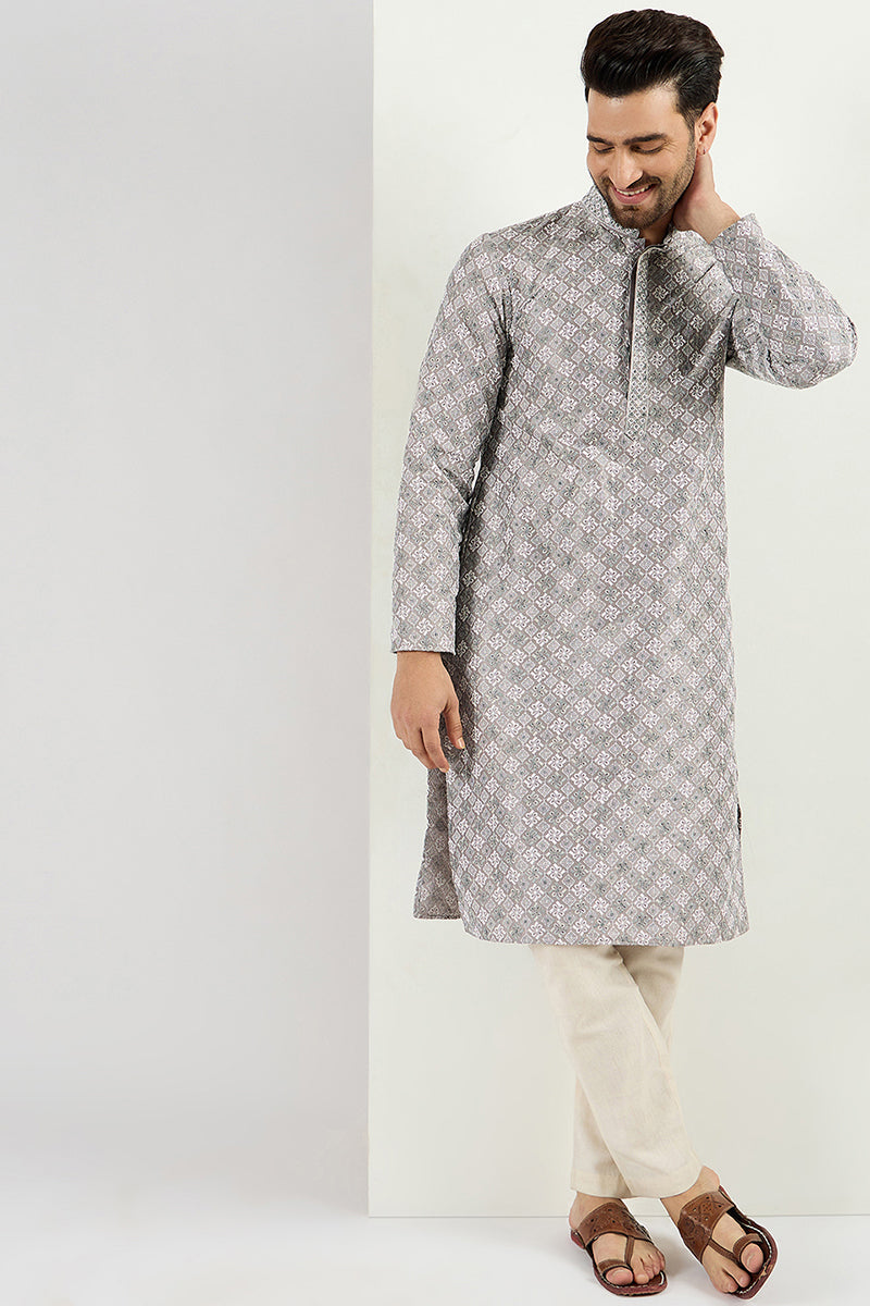 Men Grey Viscose Rayon Solid Embroidered Straight Kurta MKU