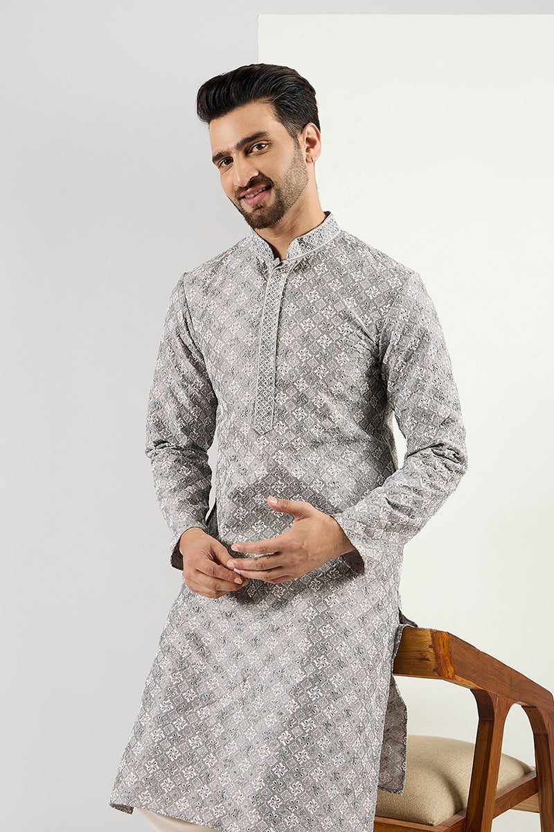  Men Grey Viscose Rayon Solid Embroidered Straight Kurta MKU