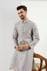Ethnic Bay Men Grey Viscose Rayon Solid Embroidered Straight Kurta MKU1088