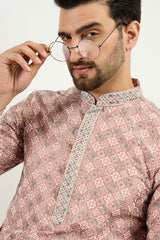 Ethnic Bay Men Peach Viscose Rayon Solid Embroidered Chikankari Straight Kurta MKU1089