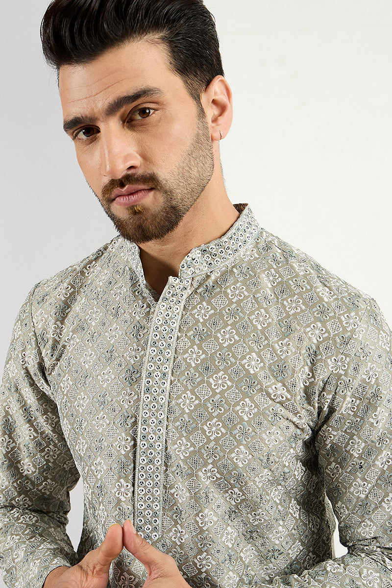  Men Green Viscose Rayon Solid Embroidered Chikankari Straig