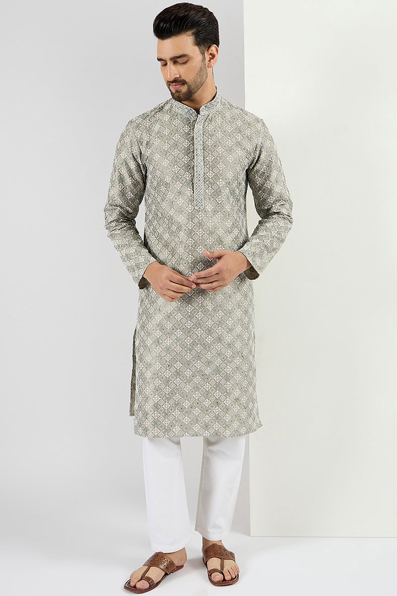  Men Green Viscose Rayon Solid Embroidered Chikankari Straig