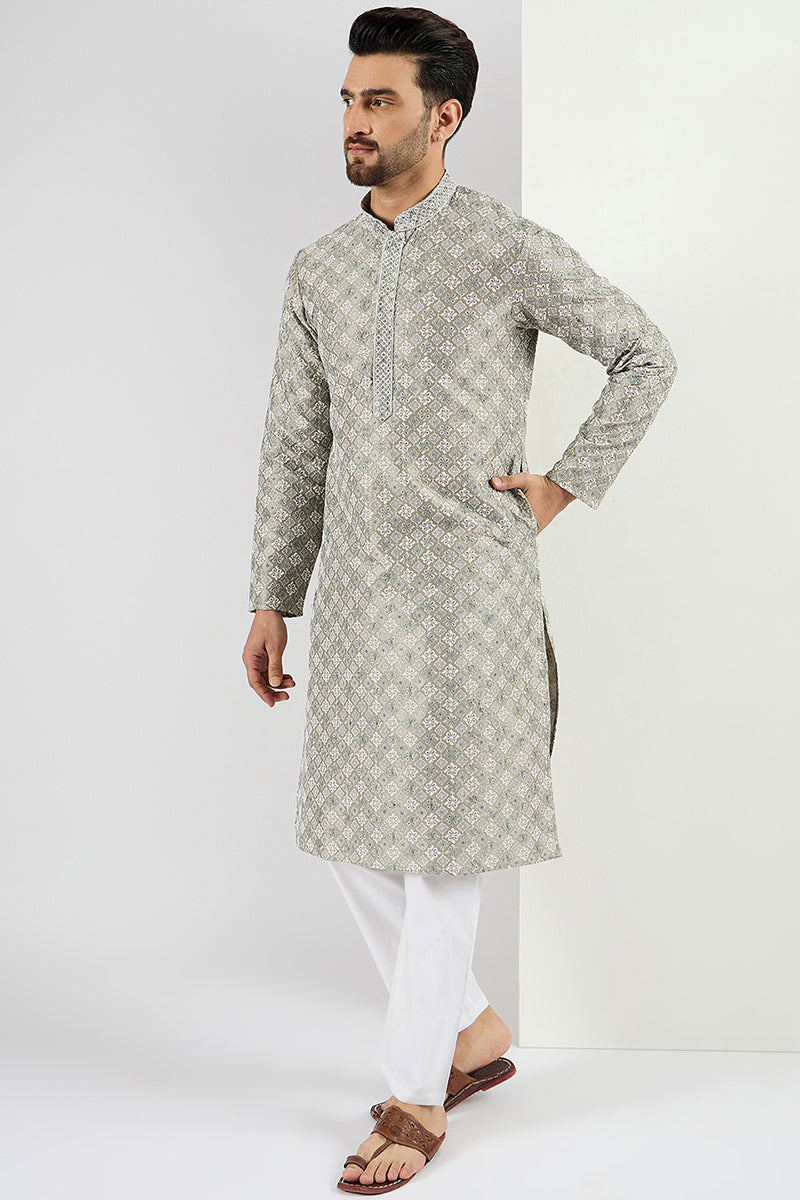  Men Green Viscose Rayon Solid Embroidered Chikankari Straig