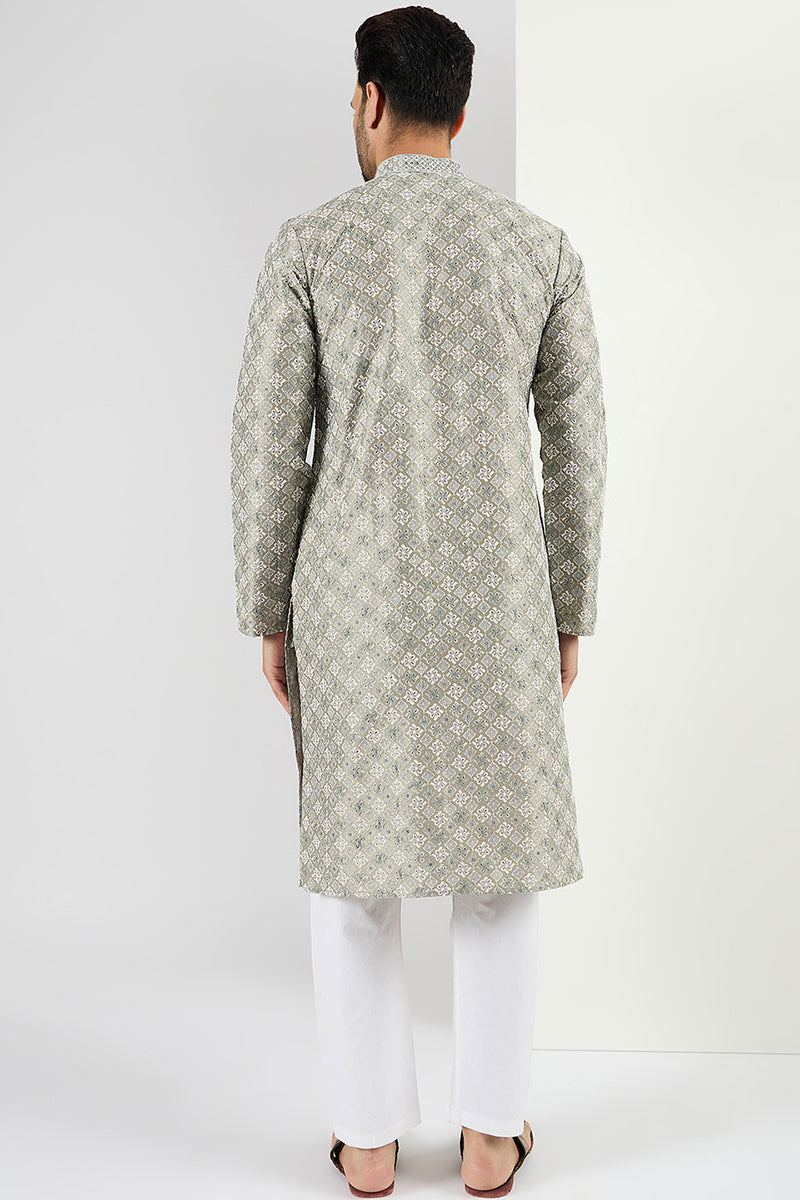  Men Green Viscose Rayon Solid Embroidered Chikankari Straig