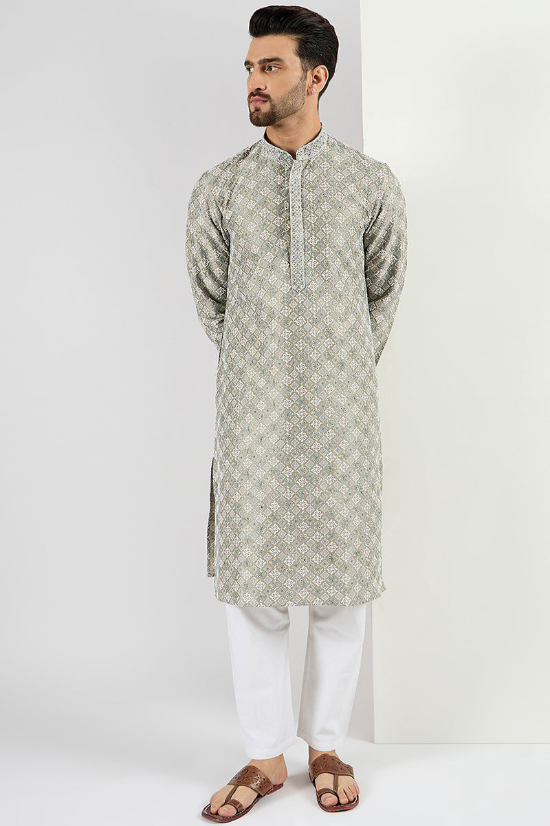  Men Green Viscose Rayon Solid Embroidered Chikankari Straig