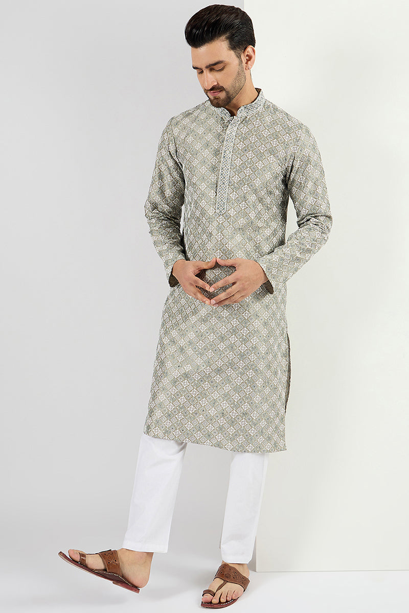  Men Green Viscose Rayon Solid Embroidered Chikankari Straig