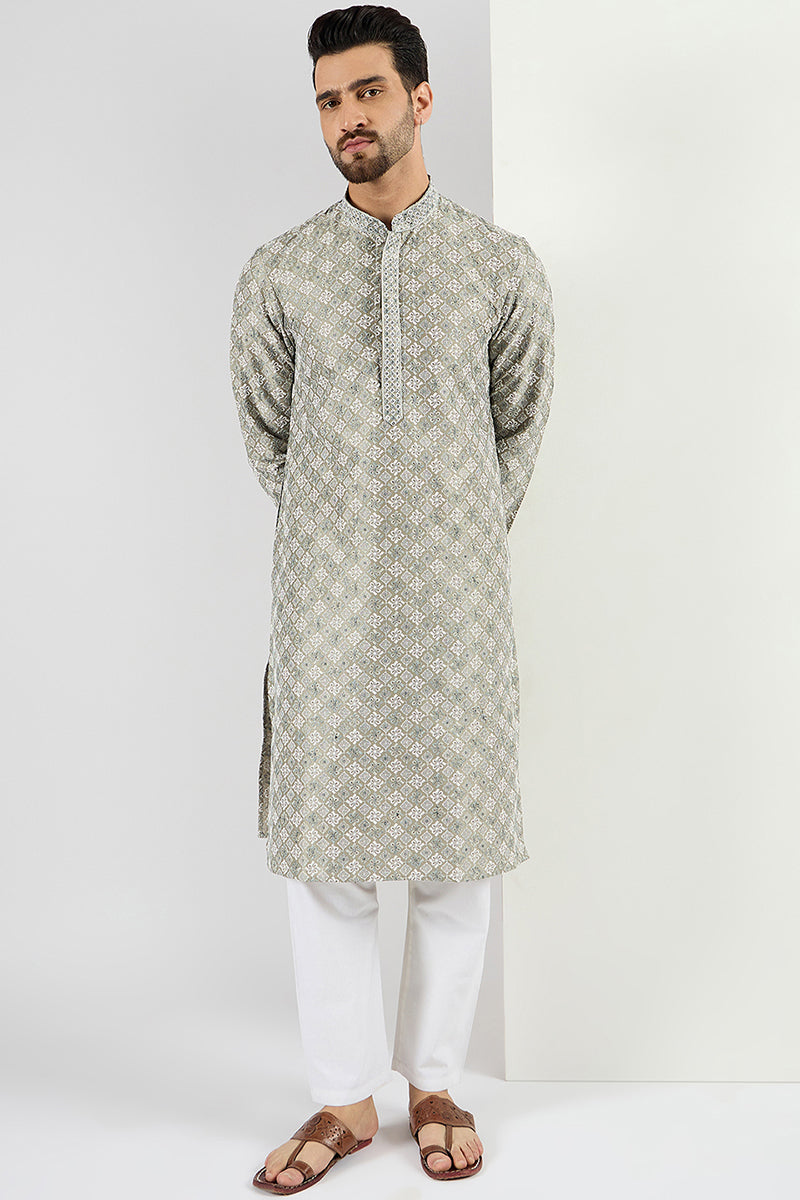  Men Green Viscose Rayon Solid Embroidered Chikankari Straig