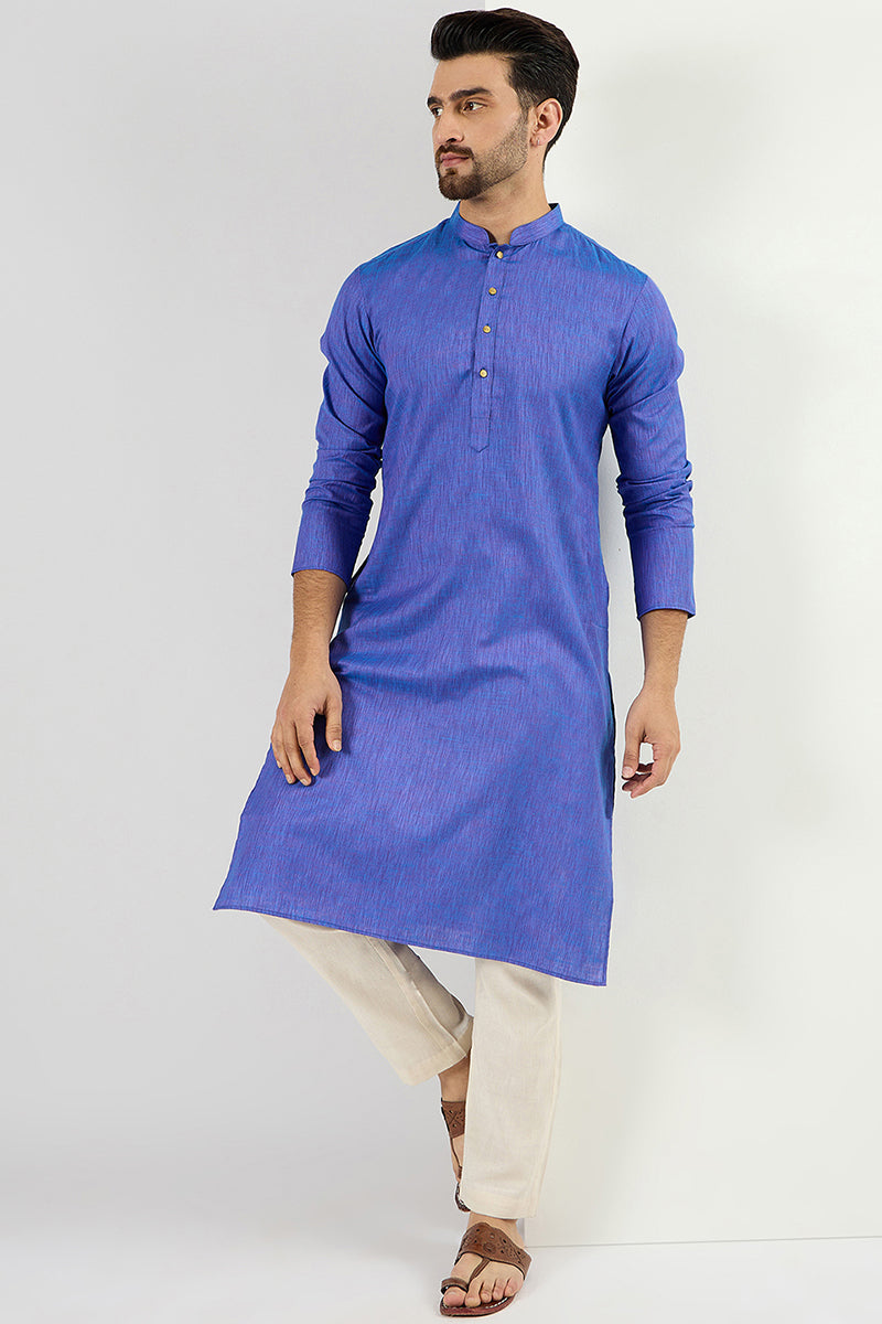  Men Blue Cotton Solid Woven Design Straight Kurta For Men M