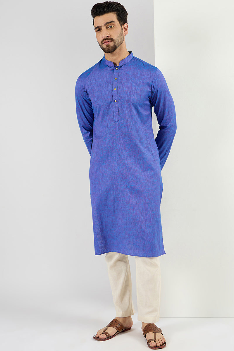  Men Blue Cotton Solid Woven Design Straight Kurta For Men M