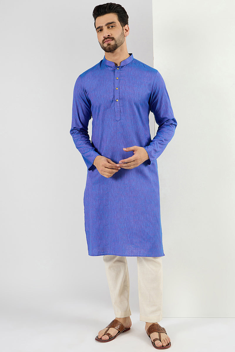  Men Blue Cotton Solid Woven Design Straight Kurta For Men M