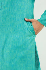 Ethnic Bay Men Teal Blue Cotton Solid Woven Design Straight Kurta MKU1095