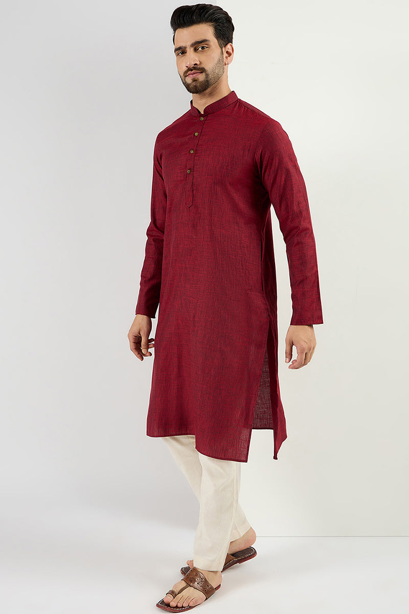  Men Maroon Cotton Solid Woven Design Straight Kurta MKU1096
