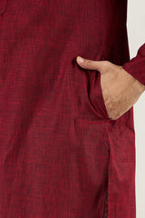 Ethnic Bay Men Maroon Cotton Solid Woven Design Straight Kurta MKU1096