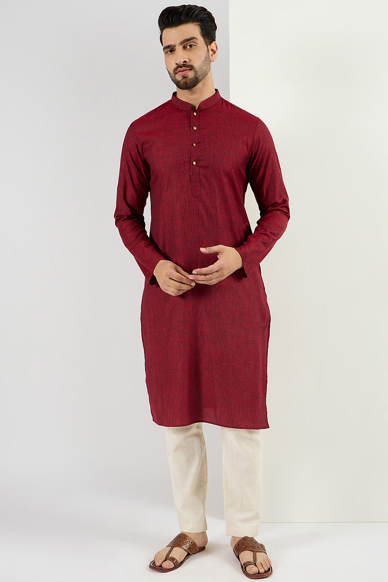  Men Maroon Cotton Solid Woven Design Straight Kurta MKU1096