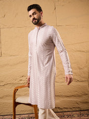 Ethnic Bay Men Lavender Viscose Rayon Chevron Embroidered Straight Kurta-MKU1101