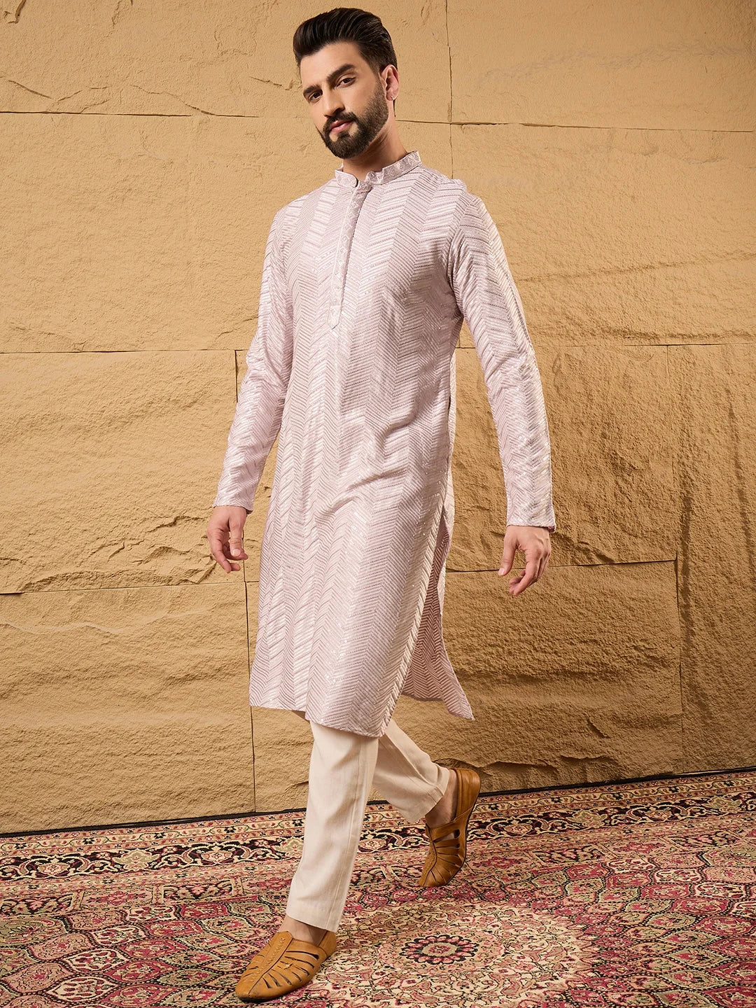 Ethnic Bay Men Lavender Viscose Rayon Chevron Embroidered Straight Kurta-MKU1101