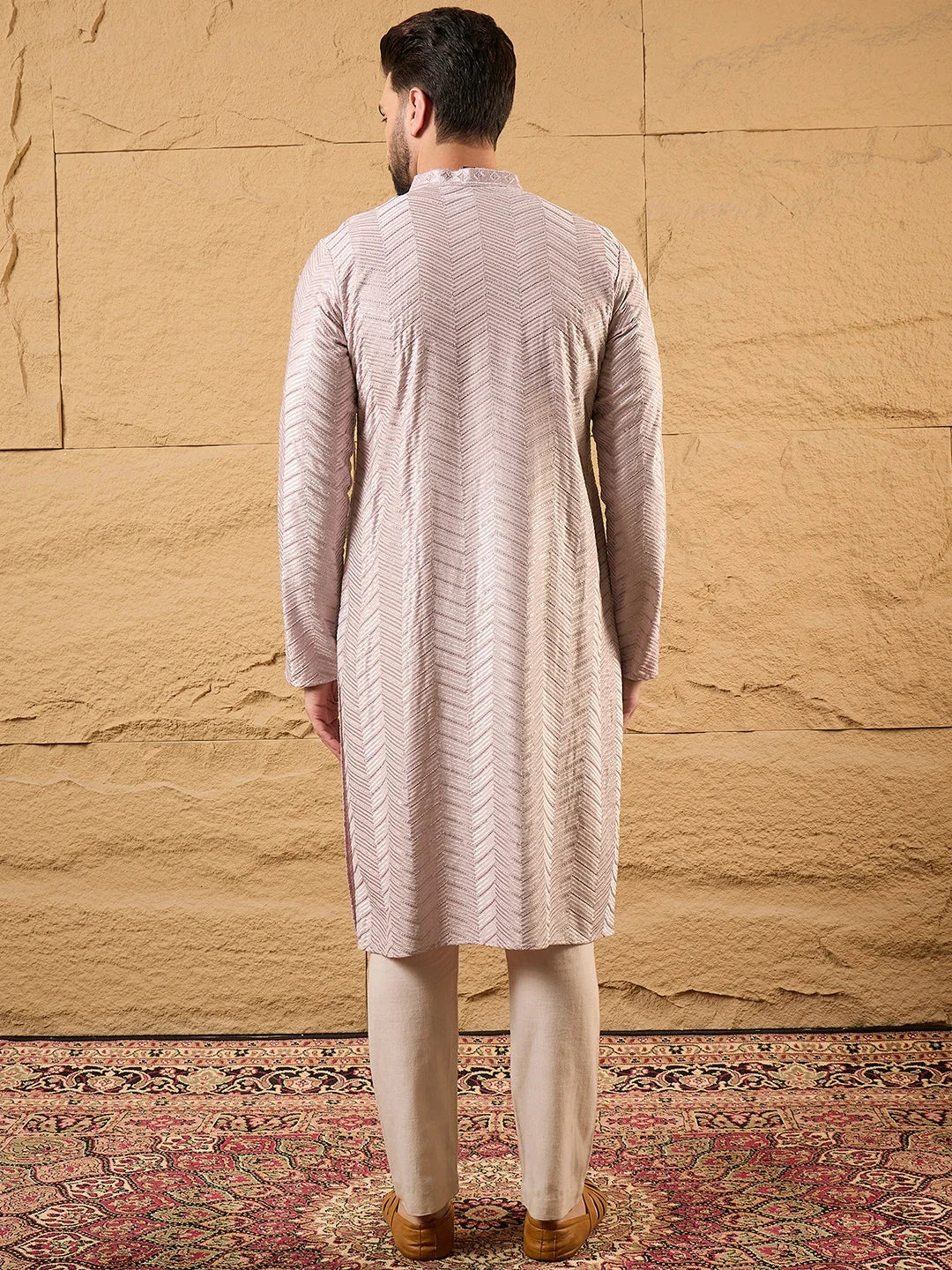 Ethnic Bay Men Lavender Viscose Rayon Chevron Embroidered Straight Kurta-MKU1101
