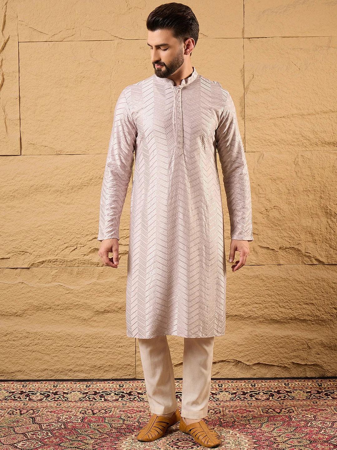 Ethnic Bay Men Lavender Viscose Rayon Chevron Embroidered Straight Kurta-MKU1101