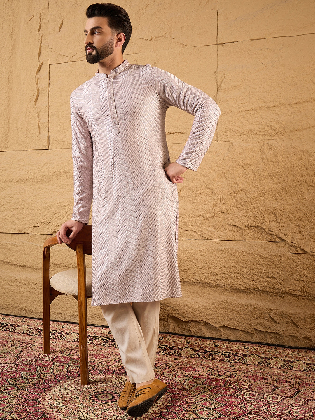 Ethnic Bay Men Lavender Viscose Rayon Chevron Embroidered Straight Kurta-MKU1101