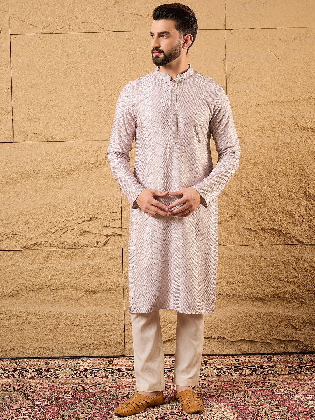 Ethnic Bay Men Lavender Viscose Rayon Chevron Embroidered Straight Kurta-MKU1101