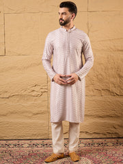 Ethnic Bay Men Lavender Viscose Rayon Chevron Embroidered Straight Kurta-MKU1101