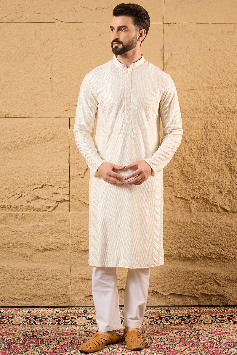 Off White Viscose Rayon Solid Embroidered Straight Ethnic Kurta HOPMKU