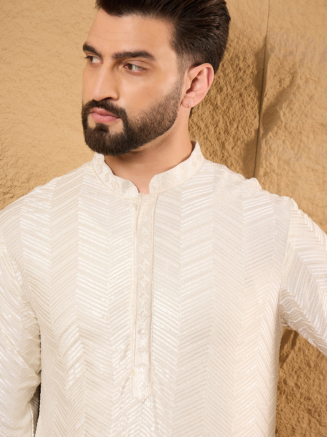 Ethnic Bay Men Off White Viscose Rayon Chevron Embroidered Straight Kurta-MKU1102
