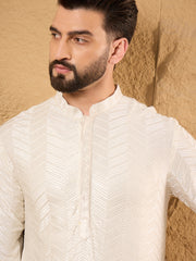 Ethnic Bay Men Off White Viscose Rayon Chevron Embroidered Straight Kurta-MKU1102