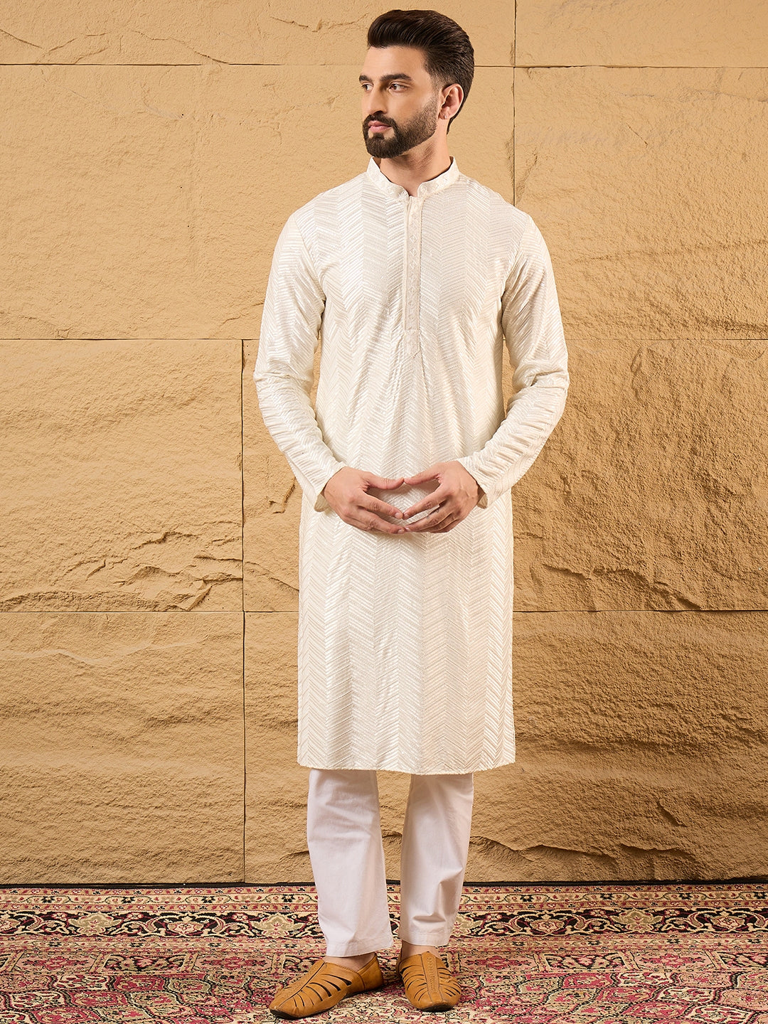 Ethnic Bay Men Off White Viscose Rayon Chevron Embroidered Straight Kurta-MKU1102