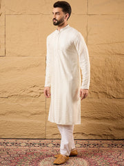 Ethnic Bay Men Off White Viscose Rayon Chevron Embroidered Straight Kurta-MKU1102