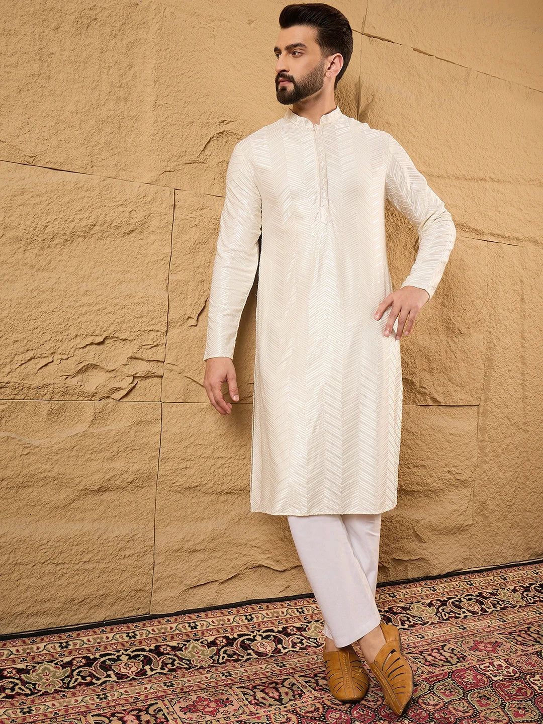 Ethnic Bay Men Off White Viscose Rayon Chevron Embroidered Straight Kurta-MKU1102