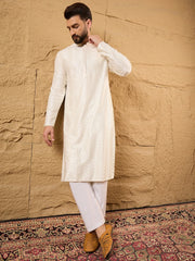 Ethnic Bay Men Off White Viscose Rayon Chevron Embroidered Straight Kurta-MKU1102