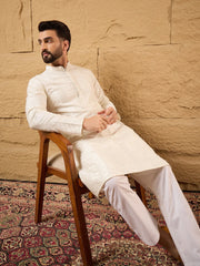 Ethnic Bay Men Off White Viscose Rayon Chevron Embroidered Straight Kurta-MKU1102