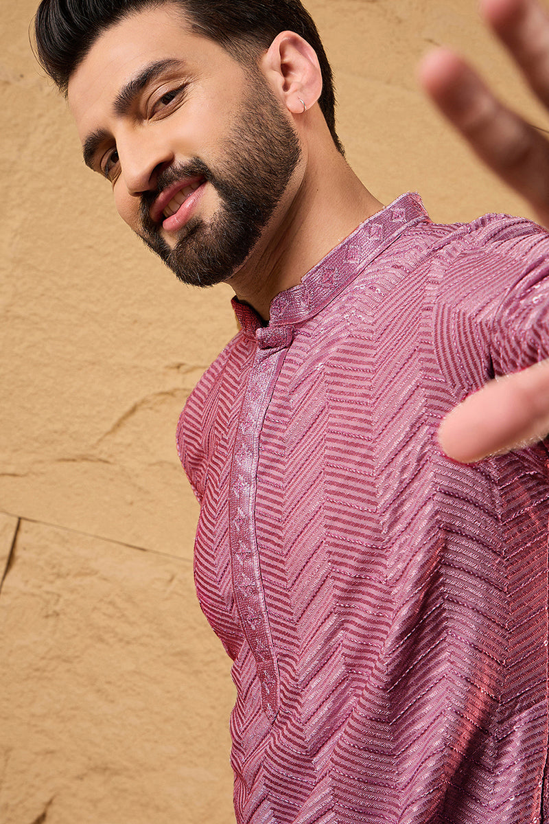 Ethnic Bay Pink Viscose Rayon Solid Embroidered Straight Kurta For Men