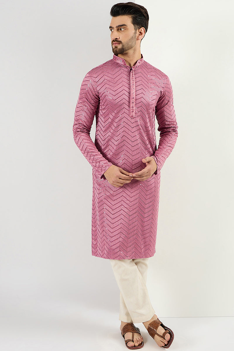 Ethnic Bay Pink Viscose Rayon Solid Embroidered Straight Kurta For Men