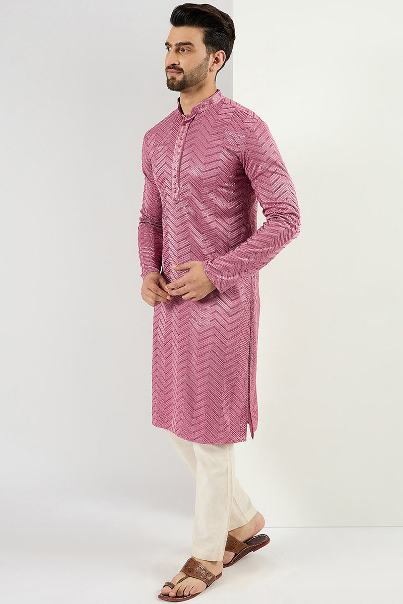 Ethnic Bay Pink Viscose Rayon Solid Embroidered Straight Kurta For Men
