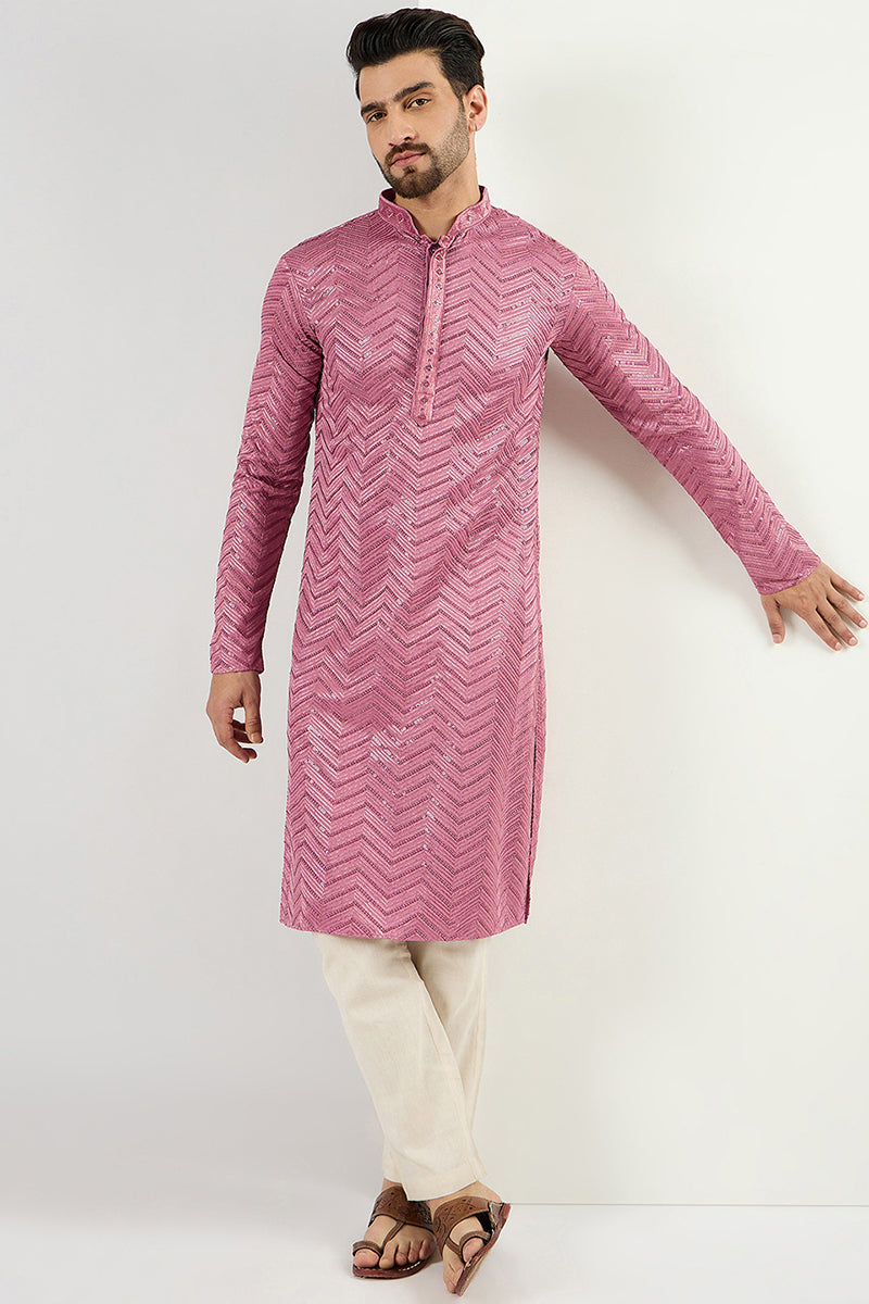 Ethnic Bay Pink Viscose Rayon Solid Embroidered Straight Kurta For Men