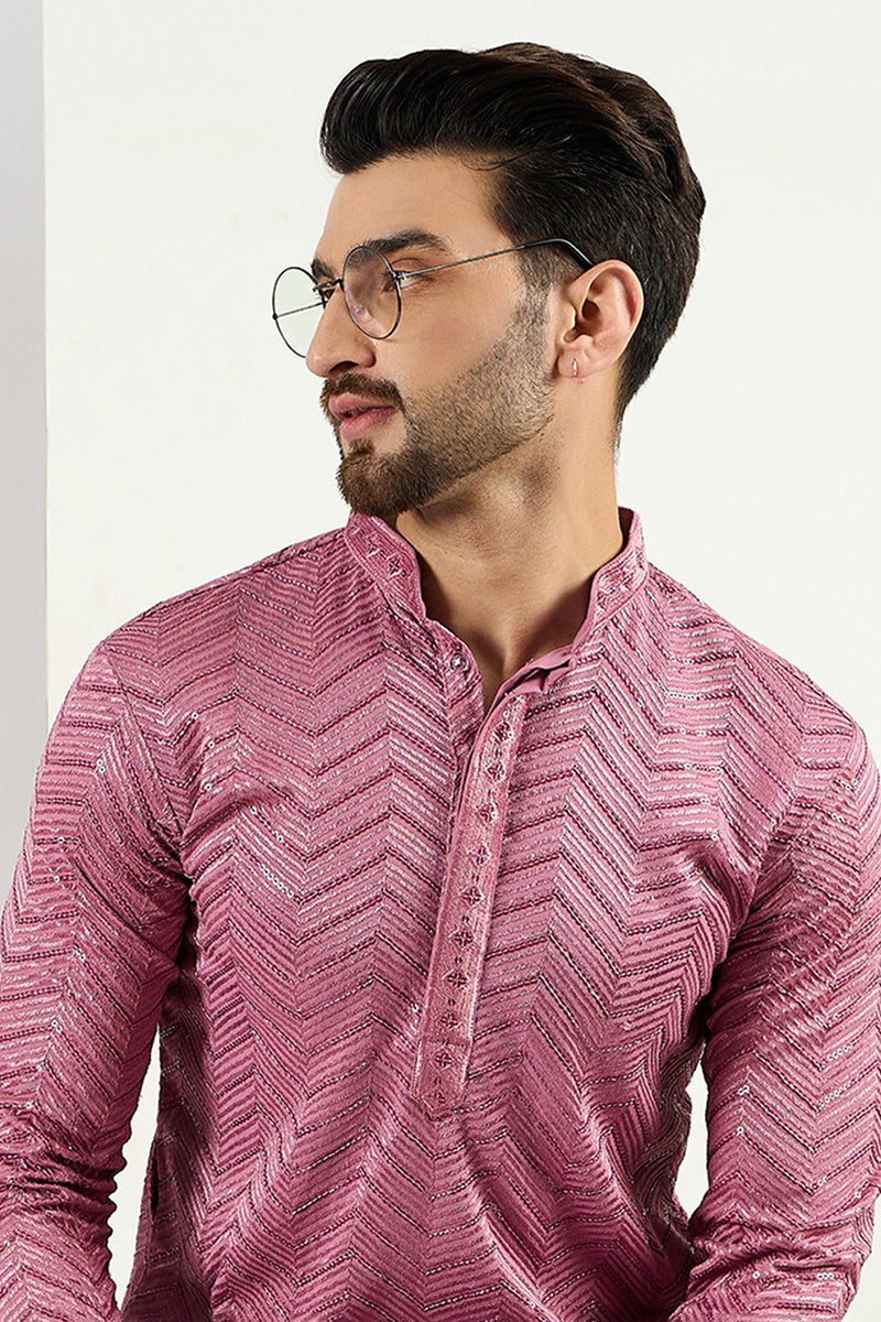Ethnic Bay Pink Viscose Rayon Solid Embroidered Straight Kurta For Men